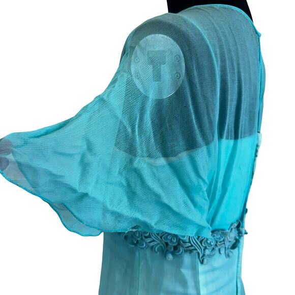 Vintage 1960s turquoise formal dress with floral trim and flutter sleeves. AS IS - Picture 12 of 14